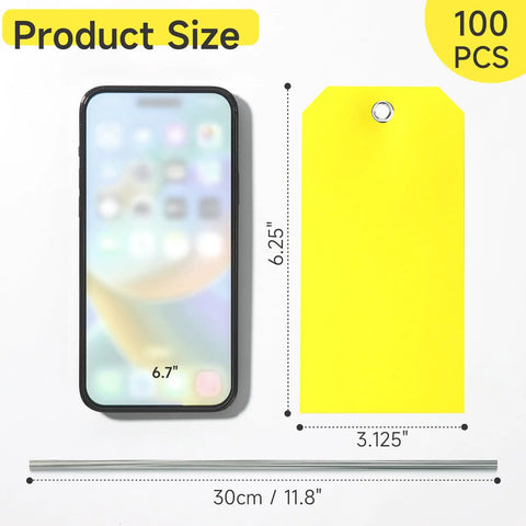 100 Pack Rugged Writable Plastic Tags With Secure Wire Ties, Heavy Duty Waterproof Labels For Outdoor Tools Garage Moving Pipes, Bright Yellow Surface No Sweat Marker Writing System with size comparison to smartphone.
