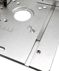 Top view of Tough As Nails Aluminum Router Table Insert Plate with adjustable fence features, designed for woodworking bench setups.