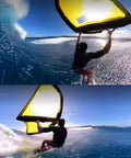 Person using a Handheld Inflatable Wing For Wing Foiling And Kitesurfing, Durable Polyester Surf Kite, on blue ocean waves
