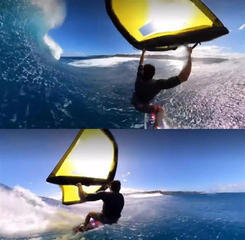 Person using a Handheld Inflatable Wing For Wing Foiling And Kitesurfing, Durable Polyester Surf Kite, on blue ocean waves