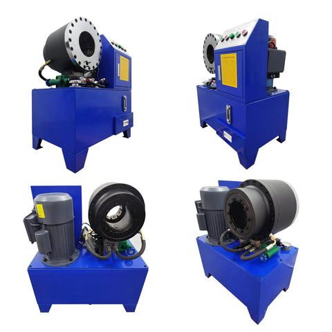 Heavy Duty Electric Hose Crimping Machine And Hydraulic Tube Neck Shrinking Tool With Ten Precision Dies For Rubber Pipe Clamping Press 220V No Sweat Grind Master in blue with motor and crimping head.