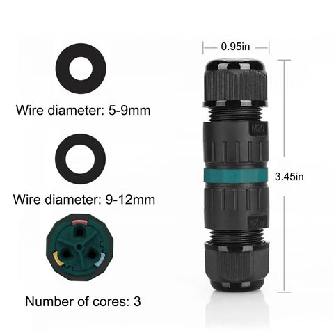 IP68 Waterproof 2 Way 3 Pin Junction Box Cable Connector For Outdoor Use 5-12mm Wire Range Screwless Quick Repair Power Extension Connector 2 Pack Set product showing dimensions and wire compatibility
