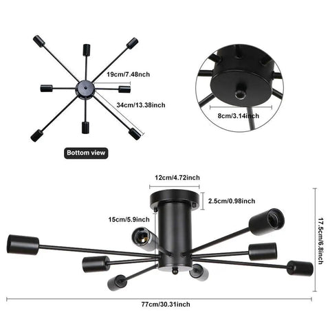 Eight Light Black Sputnik Ceiling Fixture dimensions and bottom view, Modern Semi Flush Mount Chandelier, Mid Century Style.