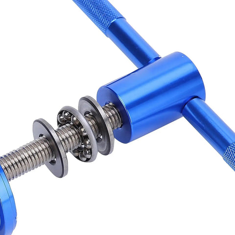 Close-up of Bottom Bracket Press Tool With CNC Knurling Stainless Steel Build, showing spring-loaded mechanism.