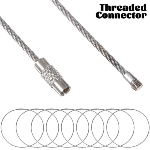 Close-up of 20 Pack Stainless Steel Wire Keychain Cables 11.8 Inch With 2mm Twist Barrel Screw Lock Rings Durable Key Ring Holders