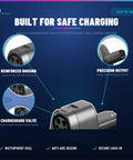 Close-up of 2 In 1 Ccs1 And J1772 To Tesla Charging Adapter showcasing reinforced housing and chargeguard valve for safe charging.
