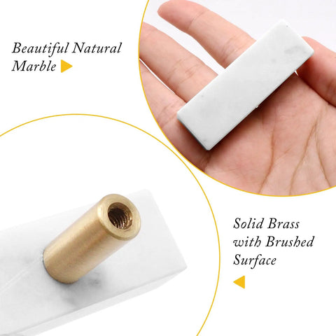 Sweet Finish T-Shaped Marble Cabinet Knobs With Brushed Brass Base, showing solid white marble and brass mount detail.