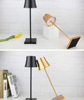 Rechargeable Cordless LED Table Lamp With 5200mAh Battery, All Aluminum Body, IP54 Waterproof, shown in black and gold colors.