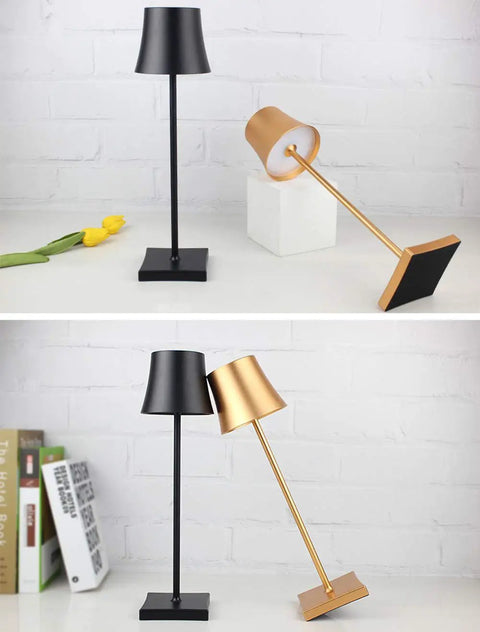 Rechargeable Cordless LED Table Lamp With 5200mAh Battery, All Aluminum Body, IP54 Waterproof, shown in black and gold colors.