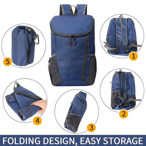 Ultralight Foldable Backpack For Hiking And Cycling Portable Travel Rucksack With Wide Main Compartment Multiple Pockets Water Resistant Nylon Bag For Outdoor Adventure Black, showcasing foldable design steps.
