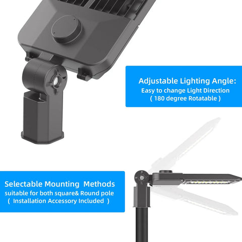 Beast Bright 300W LED Parking Lot Light with adjustable slip fitter mount, showcasing rotatable design and mounting options.