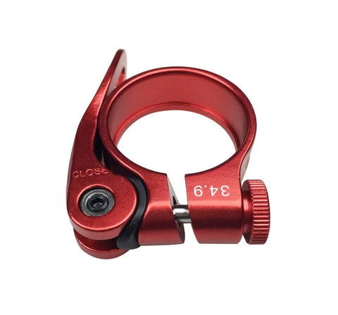 Lightweight Aluminum Bike Seat Post Clamp With Quick Release, Hollow 39g Design, Anodized Red, 34.9mm, shown from top angle