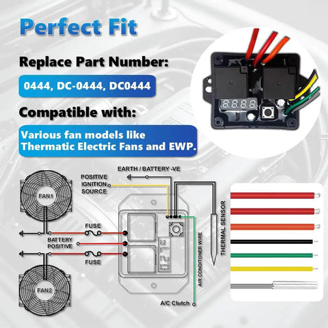 Diagram of 12V/24V Digital Radiator Fan Controller Kit with replacement part numbers and compatibility details shown