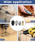 Drill Chuck Collet Set For Dremel Tools, 28 Piece Kit shown in use for sculpture, manicure, polishing, and drilling applications.