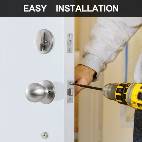 Double Door Lock Set With Handle And Dummy, Satin Nickel Finish, Single Cylinder Deadbolt being installed on white door