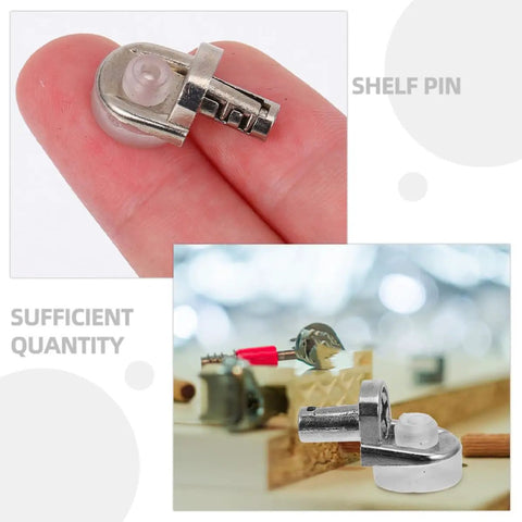 24 Piece Cabinet Shelf Pins With Suction Cups Zinc Alloy for Secure Shelf Support close-up view on fingertip and installation