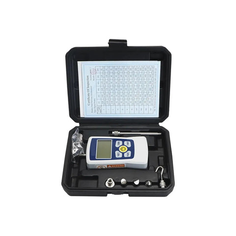 Digital Force Gauge Dynamometer For Push And Pull Testing Budget Friendly 500N Unit With Real Time Peak And First Peak Modes Four Units N Kg Lb Oz And Custom Acceleration Setting For Precise Compression Readouts. Open case with white digital gauge and accessories