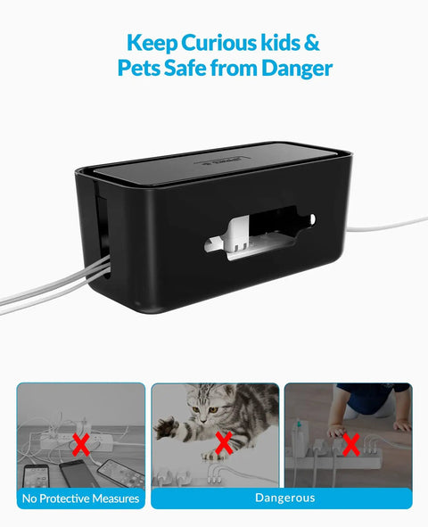Extra Large Cable Management Box With Phone Stand For Power Strips And Chargers, 16.9 x 7.1 x 6.3 Inches, black, safety message displayed