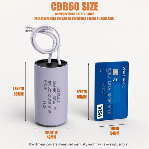 90mm By 42mm Heavy Duty Go To Motor Run Capacitor 40uF Plus Minus 5 Percent For 110 125 250VAC 50 60Hz Built To Last For Air Compressors Pumps Washing Machines And More CBB60 Type next to credit card for size comparison