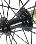 Close-up of hub and spokes for Road Ready Turbo Carbon Wheelset 38 50 60 88mm For 700c Clincher 23mm Wide UD Matte Finish Aero Rim Set Built For Speed V Brake Compatible Shimano 8 9 10 11 Speed Cassette Body