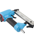 Professional Grade Pneumatic Brad and Staple Nailer with Insanely Fast Nailing Speed and Efficient Air Flow Usage and Sweet Grip for Furniture and Woodworking Tasks, blue handheld tool with metal frame.