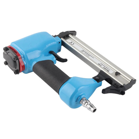 Professional Grade Pneumatic Brad and Staple Nailer with Insanely Fast Nailing Speed and Efficient Air Flow Usage and Sweet Grip for Furniture and Woodworking Tasks, blue handheld tool with metal frame.