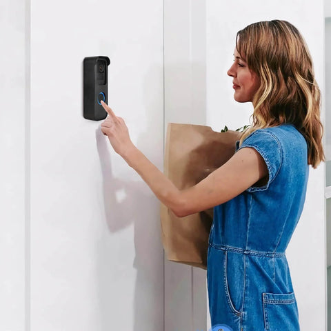 No Drill Stick-On Door Mount For 1st Gen Video Doorbell on a white door with woman interacting, adhesive mount bracket in use