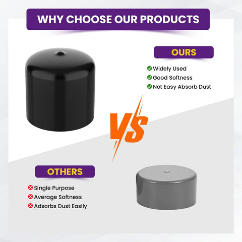 Comparison of 4 Pack 1.98 Inch Bearing Rubber Caps for trailer wheel hub showing black cap features versus gray cap weaknesses.