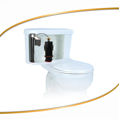 Premium Toilet Flush Valve Seal For Kohler Tower Style Toilets inside a ceramic tank showing valve construction and parts.