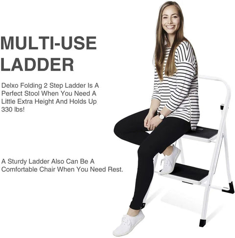 Woman sitting on GS Certified 2 Step Ladder Stool With Handle Grip Built Tough Anti Slip Rubber Feet Wide Pedal Lightweight Yet Sturdy Metal Step Stool For Home And Garage 300 Lb Capacity Steel Construction