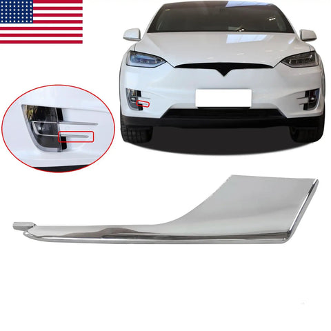 Right Side Front Bumper Fog Light Chrome Trim Molding For Tesla Model X 2016 2021 close-up view of chrome trim and fog light area.