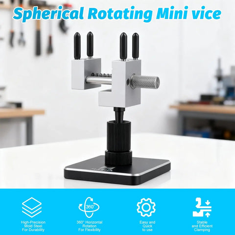 2 In 1 Mini Table Top Vise Clamp For Gundam Model Building And Jewelry Repair Portable 360 Degree Rotatable Vise With 0 To 1.37 Inch Clamping Range Aluminum Alloy Ball Base Handy Pro Grade DIY Tool For Hobbyists displayed on a table.