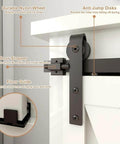 4Ft Sliding Barn Door Hardware Kit installation featuring J shaped hanger, nylon wheel, door stopper, and floor guide on cabinet.