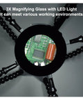 Five Pack Flexible Helping Hands Soldering Stand With Adjustable Goosenecks And USB Magnifying Lamp showing PCB work detail