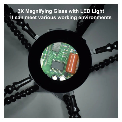 Five Pack Flexible Helping Hands Soldering Stand With Adjustable Goosenecks And USB Magnifying Lamp showing PCB work detail