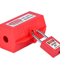 Front view of Industrial Grade Plug Lockout Device For Lockout Tagout, 110 To 125 Volt Power Cord Lockout System with padlock, red