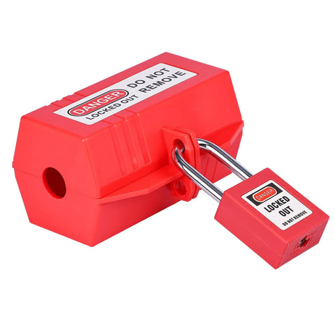 Front view of Industrial Grade Plug Lockout Device For Lockout Tagout, 110 To 125 Volt Power Cord Lockout System with padlock, red