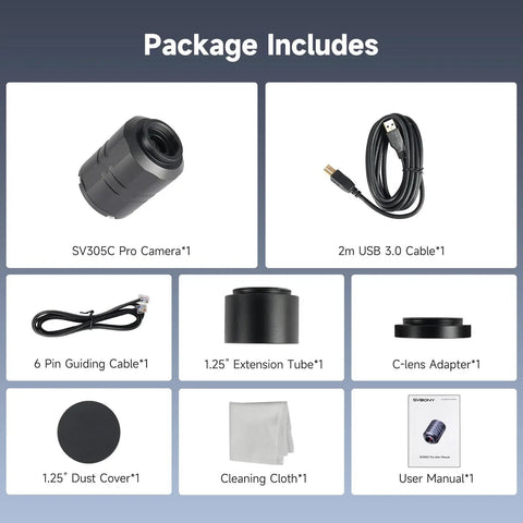 Package contents of 2MP IMX662 Telescope Camera With USB 3.0 High Speed Transfer, accessories labeled with images.
