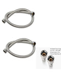 Two lead-free stainless steel braided faucet supply hoses, 20 inches long, 1/2 IPS to 3/8 compression with brass nuts.
Side view of two stainless braided faucet supply hoses with brass nuts, 20 inches long, 1/2 IPS to 3/8 compression.
Close-up of brass nuts on stainless braided faucet hoses, 1/2 IPS to 3/8 compression, 20 inches, 2-pack.