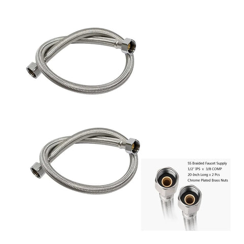 Two lead-free stainless steel braided faucet supply hoses, 20 inches long, 1/2 IPS to 3/8 compression with brass nuts.
Side view of two stainless braided faucet supply hoses with brass nuts, 20 inches long, 1/2 IPS to 3/8 compression.
Close-up of brass nuts on stainless braided faucet hoses, 1/2 IPS to 3/8 compression, 20 inches, 2-pack.