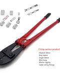 Wire Rope Crimping Tool Hand Swager Crimper 31 Point 6 Inch Long Durable Forged Alloy Jaw with sleeves and connectors visible