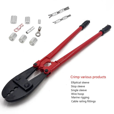 Wire Rope Crimping Tool Hand Swager Crimper 31 Point 6 Inch Long Durable Forged Alloy Jaw with sleeves and connectors visible