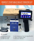 Heavy Duty Portable Handheld Inkjet Printer Gun With Smooth 5.6 Inch Touch Screen and kit components displayed.