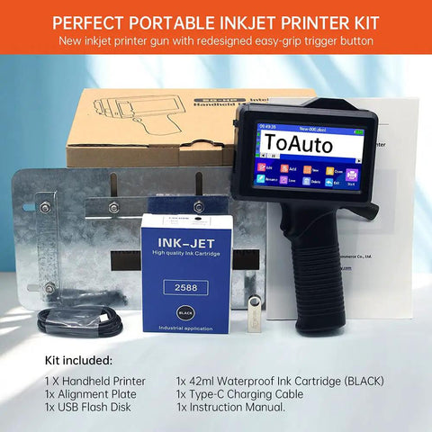 Heavy Duty Portable Handheld Inkjet Printer Gun With Smooth 5.6 Inch Touch Screen and kit components displayed.