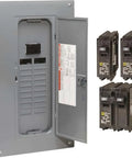 Rock Solid 100 Amp 120 240 Volt Electrical Load Center With 20 Spaces And 40 Circuits Combination Mount Main Breaker Panel Box with open door.