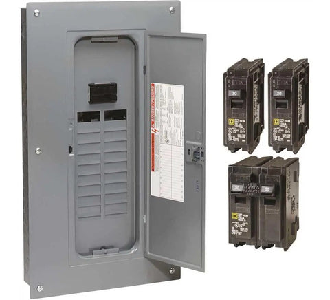 Rock Solid 100 Amp 120 240 Volt Electrical Load Center With 20 Spaces And 40 Circuits Combination Mount Main Breaker Panel Box with open door.
