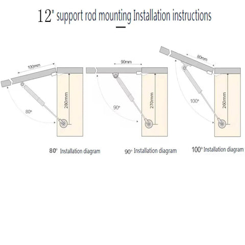 Installation guide for 12 Inch Gas Strut 30N Lift Support For Cabinet Doors with diagrams at 80, 90, and 100 degrees.