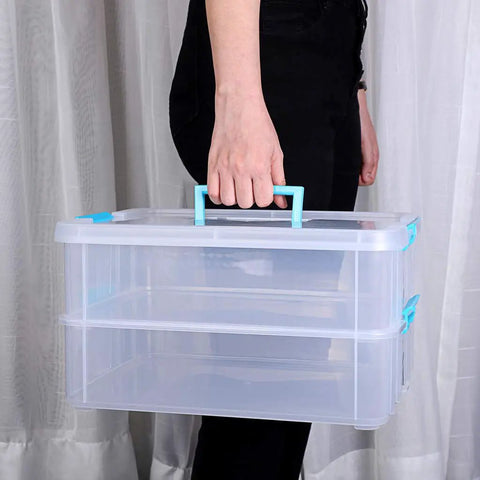 Two Tier Stack Carry Storage Box With Handle, Transparent Clear Bin With Latching Lid, Detachable Buckles, held by person