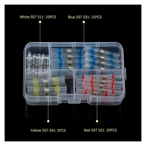 Get Your Hands On These 50 Pieces Of Solder Seal Heat Shrink Butt Terminals For Rock Solid Electrical Wire Cable Connectors And Soldering Sleeves In 22 10 AWG Sizes Perfect For All Your Heavy Duty Wiring Projects Without A Hassle. assortment box with white, blue, yellow, and red solder seal butt terminals