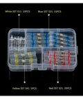 Ditch The Rattle And Grab These Super Cool Heat Shrink Butt Terminals For Your Electrical Wire Cable Connectors. This 50 Piece Kit Features Sealed Solderless Crimps In A 22 To 10 Awg Range That Fit Like A Glove. Perfect Pro Fix Gear For Auto Mods, DIY. plastic case with 50 heat shrink butt connectors, color coded sizes